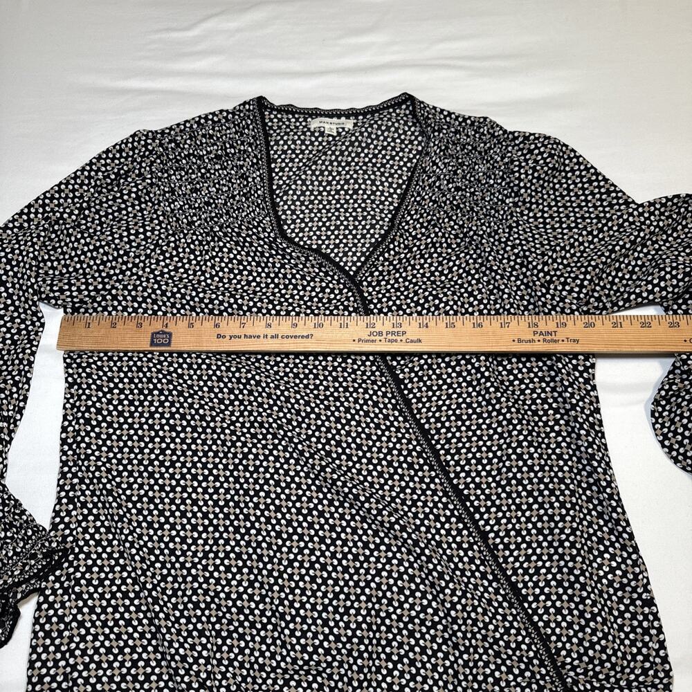 Max Studio Black Tan White Geo Print Elastic Cuff Pleated Blouse Tunic L Top EUC - Picture 4 of 16